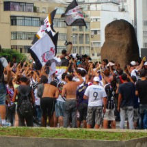 Celebrating fans of the football team Corinthians of Sao Paulo because it won the FIFA World Championship for clubs today (against Chelsea)